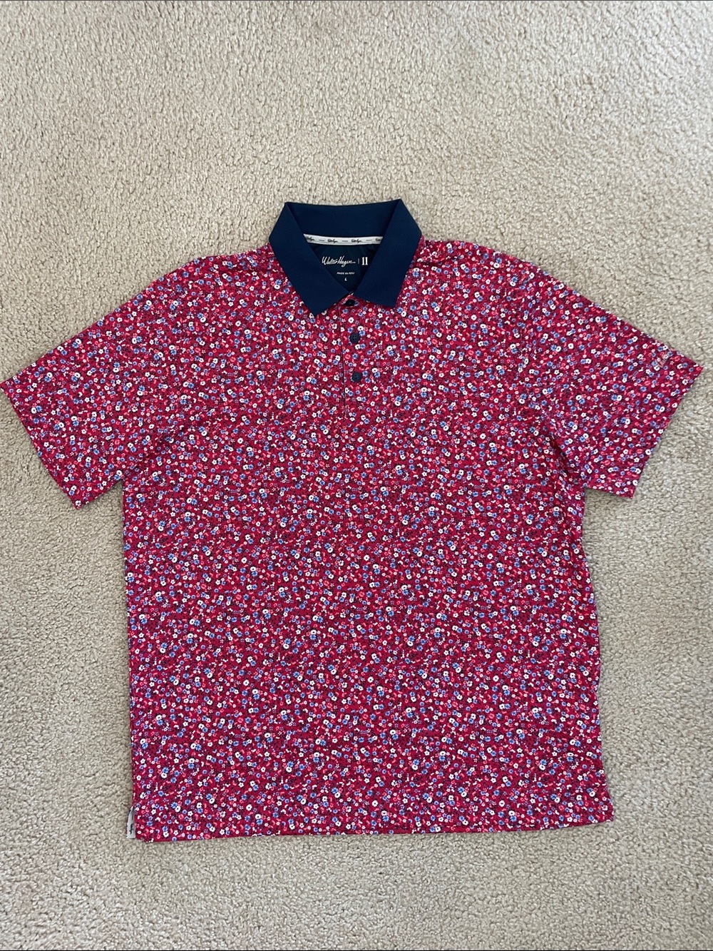 Walter Hagen Red Floral Polo with Navy Collar NWOT